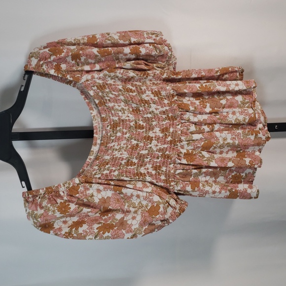 Dizzy Love Pink & Tan Floral Smocked Peplum Blouse - SZ L - Picture 5 of 7